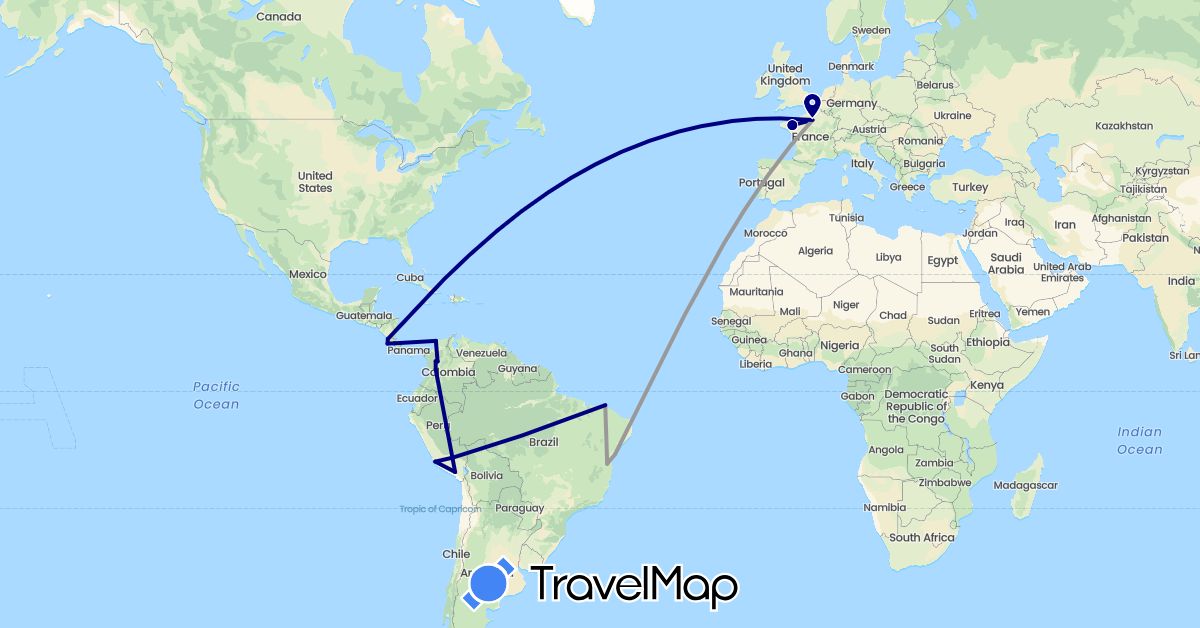 TravelMap itinerary: driving, plane in Brazil, Colombia, Costa Rica, France, Peru (Europe, North America, South America)
